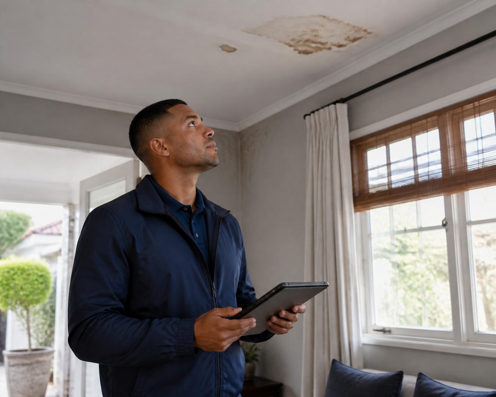 Service provider inspecting household water damage